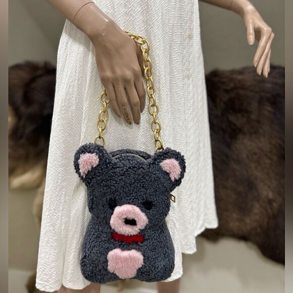 Gray Teddy Bear Purse, Handmade Colorblock Real Shearling Crossbody/Phone Pouch - Picture 2 of 16